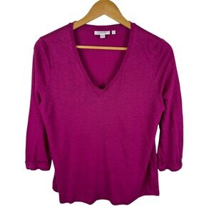 Chicos 100% Linen Tee Size 2 Large Magenta V-Neck 3/4 Sleeve Lightweight Coastal